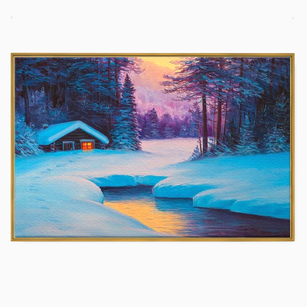 Tablou canvas cu pictura cu cabana inzapezita si parau, in rama de aluminiu auriu